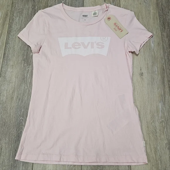 Levi's Perfect Crew Neck Graphic Tee Shirt Top Pastel Pink Fitted Women's XS - Picture 1 of 4
